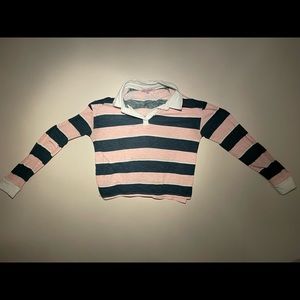 A pink and green striped polo.